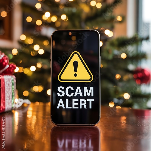 Smartphone displaying a prominent scam alert warning sign and text with a festive christmas tree and gift boxes in the background