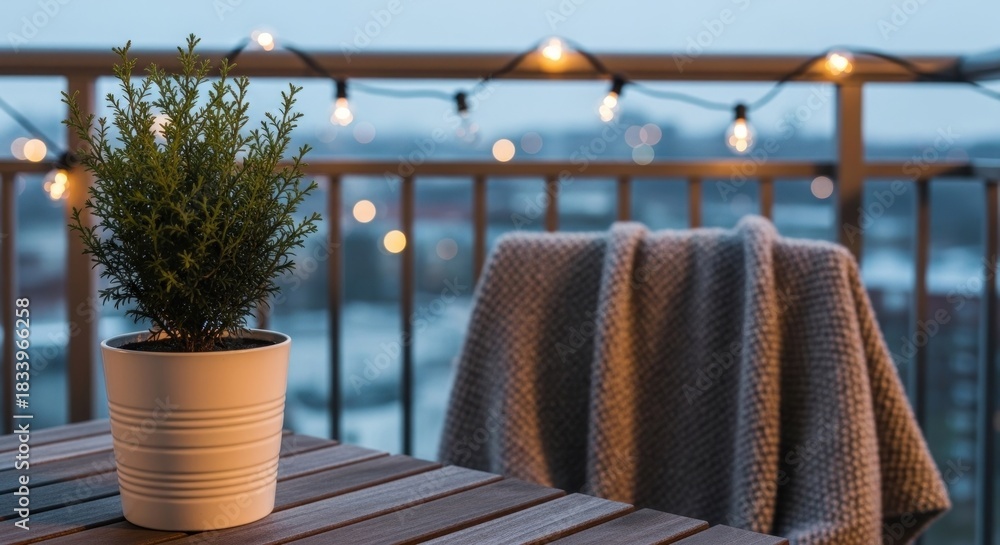 Fototapeta premium Cozy balcony with string lights, potted plant, and a blanket-draped chair at dusk