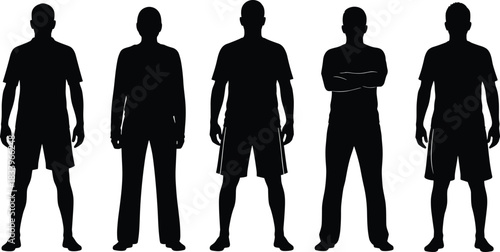 Silhouette group of men standing in different poses, casual male figures, human body posture collection, diverse character profiles for design projects