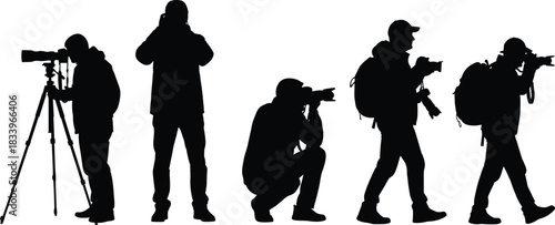 Silhouette photographers with cameras and tripod, capturing photos in different poses, outdoor photography activity, professional photo shooting concept illustration