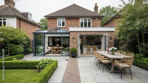 Wallpaper Mural Contemporary brick house, glass extension, expansive patio, outdoor dining, manicured garden Torontodigital.ca