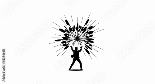 Silhouette of a person reaching up towards a dynamic explosion of energy and light