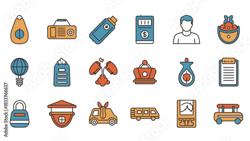 Set of colorful outline icons depicting various everyday objects, technology, food, travel and people