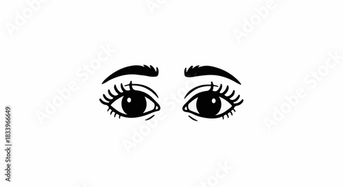 Close-up illustration of expressive eyes with long lashes and defined brows looking forward.