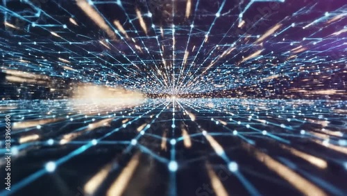 Abstract Digital Network Flowing Lights Background with Glowing Futuristic Grid and Dark Purple Hues Overhead