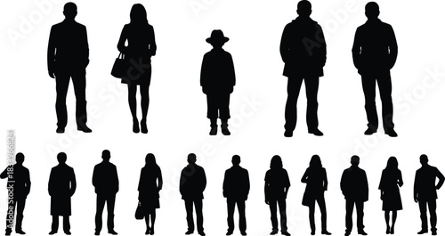 Silhouettes of diverse people standing, adult and child characters, crowd group illustration, business and casual figures, social community concept design