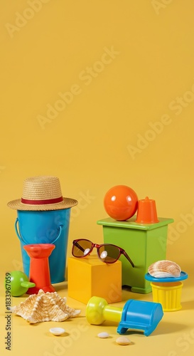 Vibrant collection of summer play items awaiting imaginative adventures under the warm sun, fostering creativity and seasonal fun ,carefree ,warm ,items