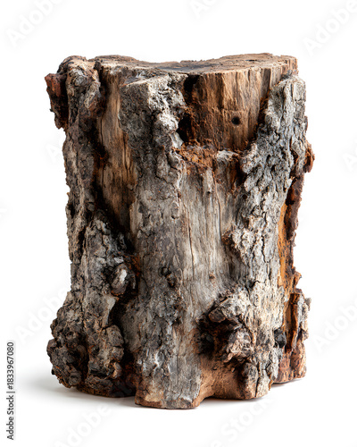 Natural tree trunk wood podium with rough bark texture and organic shape, isolated on white background.
