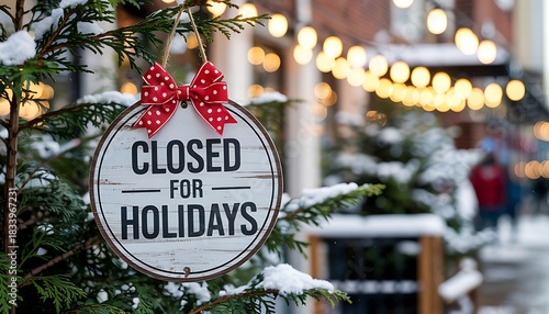 Charming oval sign declares business closed for holidays hanging on a snowy evergreen tree with festive bokeh lights in the background