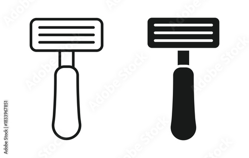Razor icon set in outline and silhouette style, symbolizing shaving tools, grooming essentials, and personal care equipment, vector illustration.