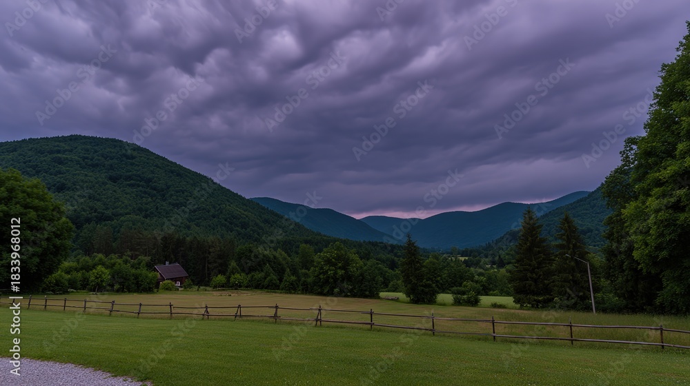 Obraz premium midgard. Dark purple storm clouds gathering before rainfall, dramatic sky formation, natural weather phenomenon. travel magazines, destination branding, designed for travel destination branding.