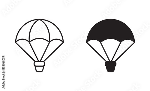 Parachute icon set in outline and silhouette style, representing air delivery, skydiving, safety gear, and airborne transport, vector illustration.