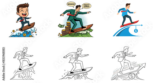 Businessman Surfing on Financial Market Wave Vector Illustration - Investment Success, Risk Management, and Economy Challenge Concept