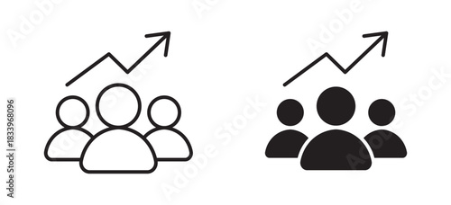 Team growth icon set in outline and silhouette style, representing business development, teamwork progress, workforce expansion, and leadership improvement, vector illustration.