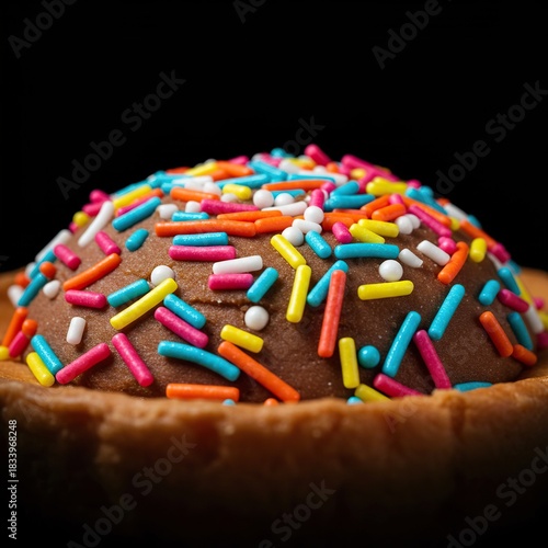 Vibrant colorful sprinkles create an irresistible and delightful topping on a sweet treat, enhancing its delicious appeal and adding joy ,tasty ,sugar ,snack
