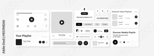  Minimalist music interface widget collection for mobile apps, featuring playlist cards, audio controls, podcast UI, trending filters, and parental advisory badge in grayscale UI style.