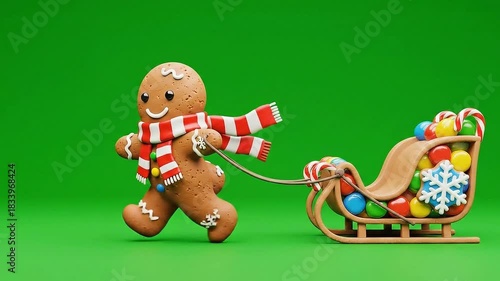 3D Render Festive Gingerbread Man Character Wearing Red White Scarf Pulling Sleigh Full Of Christmas Candies Ornaments Snowflakes Isolated On Green Screen