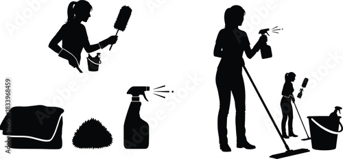 Cleaning activity and supplies silhouette illustration set, household hygiene tools and gestures, sanitation concept vector, black and white graphic