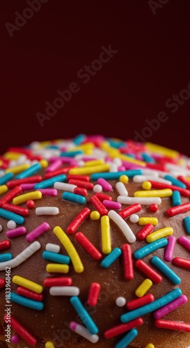 Vibrant colorful sprinkles generously adorn a sweet treat, creating an irresistible and delightful presentation. A visual feast promising pure joy ,indulgence ,delightful ,frosting