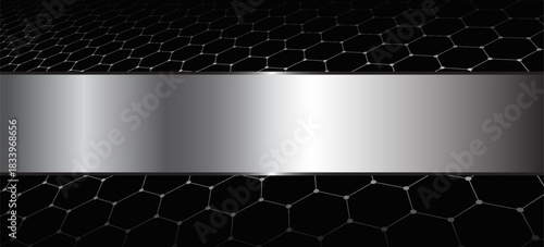 Silver black abstract background with hexagon pattern, dark background with silver metal banner for business presentation, 3D vector illustration.