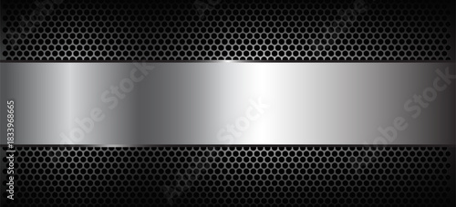 Silver black abstract background with hexagon pattern, dark background with silver metal banner for business presentation, 3D vector illustration.