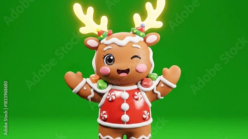 Charming Gingerbread Reindeer Character with Festive Antlers and Christmas Decorations on a Solid Green Background in a Studio Setting With Soft Lighting
