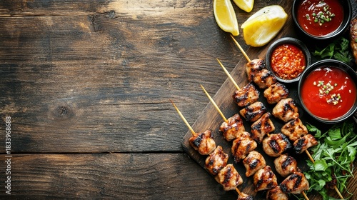 Juicy grilled chicken skewers served on a wooden board with various colorful dipping sauces, lemon wedges, and fresh herbs, perfect for BBQ concepts