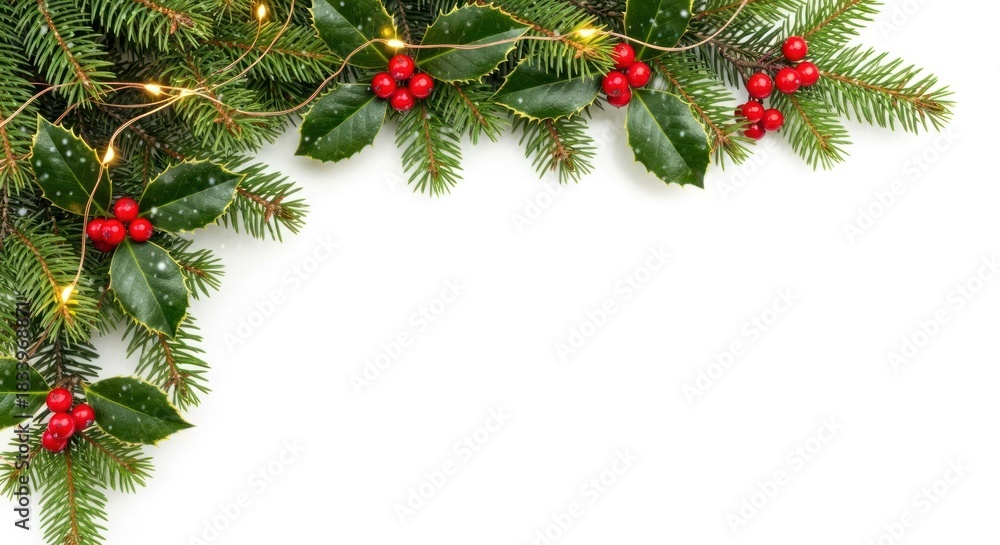 Obraz premium Evergreen and holly border with red berries and warm fairy lights on a white background