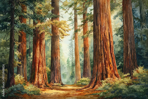 Serene watercolor painting of a towering redwood forest with a sun-dappled path, lush greenery, and a tranquil atmosphere.