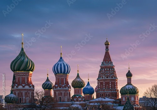 Vibrant colors and distinctive architectural domes rise against a winter sky, evoking a grand historical aesthetic ,fairytale ,red ,cupola