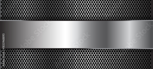Metal background shiny silver chrome metallic with halftone dots pattern, silver polished steel texture wallpaper 3d vector illustration.