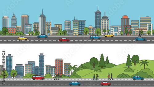 Cityscape illustration featuring buildings, roads, cars, and people in a vibrant urban environment.