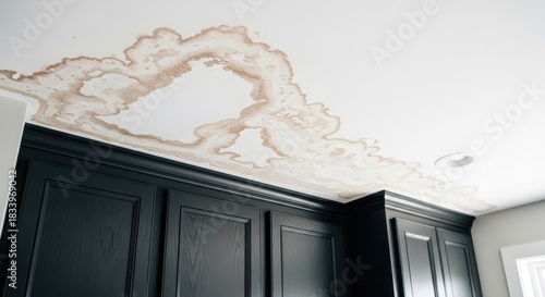 Wallpaper Mural Extensive brown water damage stains spread across a white ceiling above dark cupboards Torontodigital.ca