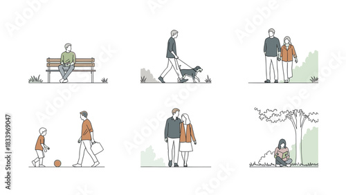 Illustrations depicting people engaging in various activities in outdoor settings, including walking, sitting, and playing.