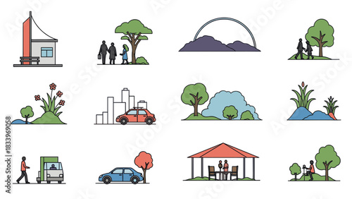 A collection of vector illustrations depicting various scenes, including nature, cityscapes, and people in different settings.