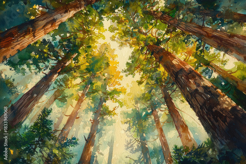 Wallpaper Mural Vibrant watercolor art depicting an upward view through a sunlit forest canopy. Tall trees, dappled light, glowing sky, serene natural beauty. Torontodigital.ca