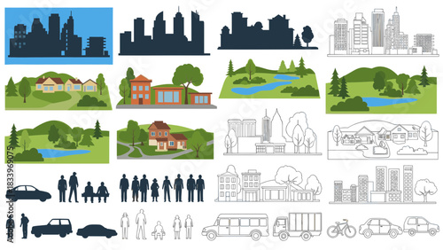 Collection of diverse vector illustrations depicting cityscapes, landscapes, people, and vehicles in various styles.