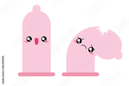 Condom cartoon character. Protection, contraception. Broken condom, unwanted pregnancy. Safe sex, contraception. Cute emoji preservative. Vector illustration isolated on white background.