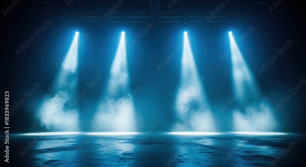 Fototapeta premium Four blue spotlights illuminate a smoky dark stage with hazy beams