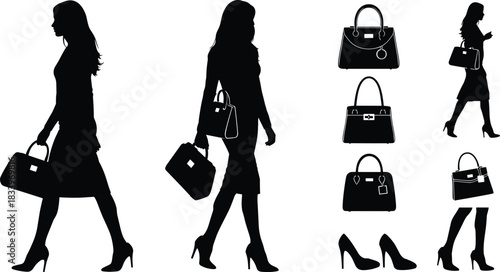 Fashion walking silhouette illustration, women with handbags and high heels, accessory style vector, black and white graphic