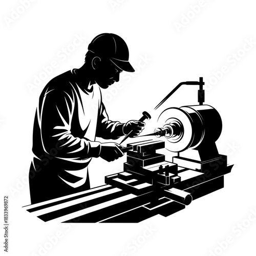 lathe machine operator silhouette working with cutting tool in workshop for metal machining and fabrication