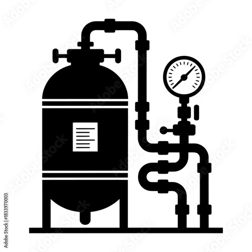 silhouette of industrial pressure tank with connected valves pipes and gauge for chemical processing design
