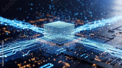 Futuristic blue data processor on a dark circuit board, emitting light pathways
