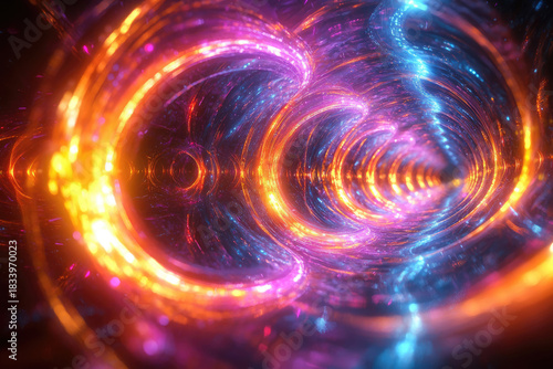 A mesmerizing, vibrant light tunnel or wormhole with swirling orange, pink, purple, and blue luminous particles creating an abstract, energetic, futuristic pathway.