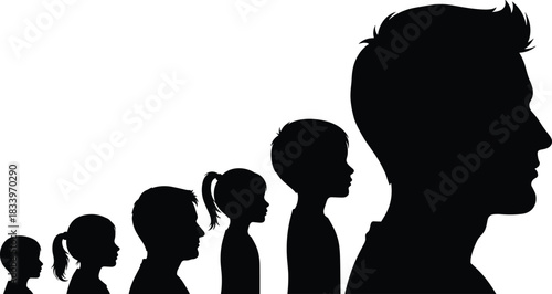 Human growth progression silhouette illustration, child to adult development stages, aging and maturity concept vector, black and white graphic