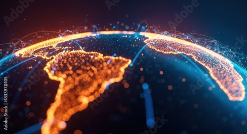 Wallpaper Mural Glowing digital globe with connected lines, focusing on Americas, vibrant orange and blue Torontodigital.ca