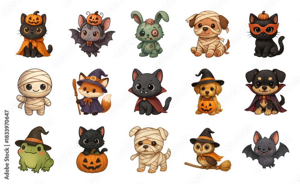Naklejka premium PNG Cute Halloween animal characters, element set on transparent background