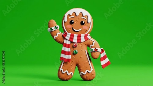Charming 3D Render Gingerbread Man Character Waving Hello Festive Christmas Scarf and Bracelet Isolated on Vibrant Green Screen Background with Soft Studio