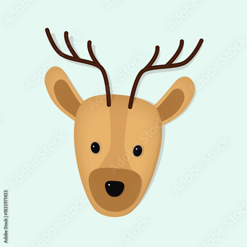 Adorable flat vector illustration of tan deer head with large antlers and expressive face on light blue background. Charming Christmas icon ideal for badges, stickers, logos, greetings, invitations.