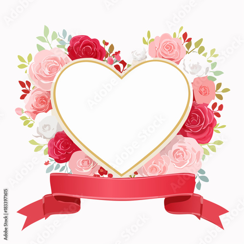 Elegant floral heart-shaped frame made of delicate pink roses, green leaves, and a golden ribbon. Soft pastel background creates a romantic and feminine atmosphere. 